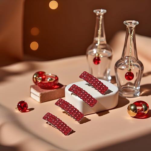 4PCS Red Fashion Korean Style Rhinestones Snap Hair Clips,Rectangular Hairpins Shiny Luxury Hairpins BB Clip Barrettes Hair Accessories for Girls Barrettes(ZS618)