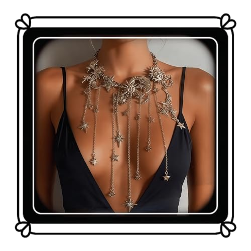 Retro Exaggerated Sun Moon Star Multi Pendant Tassel Necklace - Moon Pentagram Sun Full Diamond Necklace - Women Bohemian Style