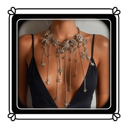 Retro Exaggerated Sun Moon Star Multi Pendant Tassel Necklace - Moon Pentagram Sun Full Diamond Necklace - Women Bohemian Style