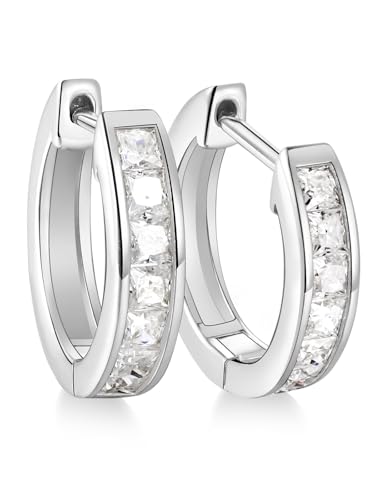 Chunky Emerald Sapphire Ruby Hoop Earrings, Princess or Round Cut, 14k Yellow Gold Plated Sterling Silver Cubic Zirconia Huggie Earings Minimalist Hoops Earrings for Women Wedding Daily Birthday - style: Princess cut -5a CZ -Silver