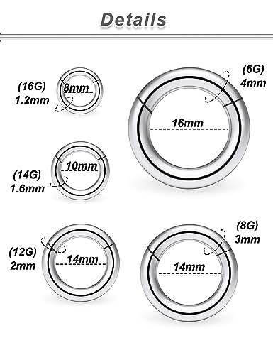 20G-2G Surgical Steel Hinged Clicker Septum Nose Rings Gauges Earrings Seamless Hoops Eyebrow Lip Ring Cliker Helix Tragus Daith Rook Earrings for Women Men - color: Silver, size: 16G 14G 12G 8G 6G