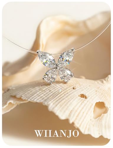 Teardrop 925 Silver CZ Floating Pendant Necklace 16 Inch Cubic Zirconia Invisible Necklace, Hypoallergenic, Jewelry Gifts for Women Anniversary Birthday - color: Butterfly