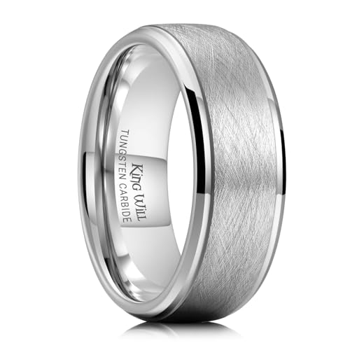 King Will Classic Tungsten Carbide Ring Brushed Two Grooved Center Hammered Design Mens Wedding Band for Men | Black/Silver/Gold, 8mm, Men's Wedding Band, Grooved, Comfort Fit, Everyday Wear - color: C-Silver 8mm