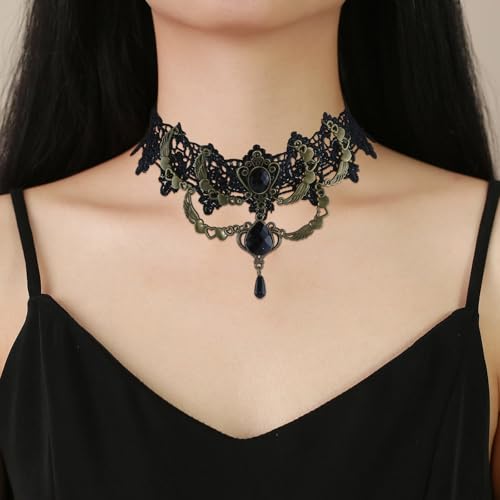 Gothic Victorian Style Vampire Choker Necklace for Women Black Crystal Tassel Lace Collar Necklace Halloween Punk Black Sexy Lace Necklace Halloween Cavewoman Costume - style: Water Drop Pendant