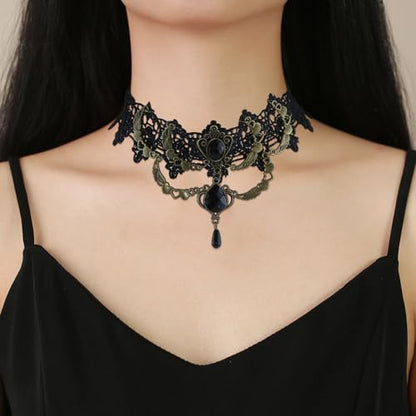 Gothic Victorian Style Vampire Choker Necklace for Women Black Crystal Tassel Lace Collar Necklace Halloween Punk Black Sexy Lace Necklace Halloween Cavewoman Costume - style: Water Drop Pendant