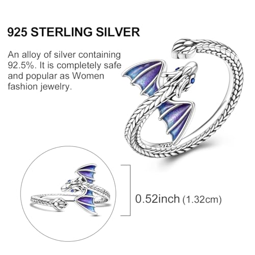 Hapour Adjustable Dinosaur Rings for Women S925 Sterling Silver Stackable Open Eternity Band Wing Dino Rings - color: A