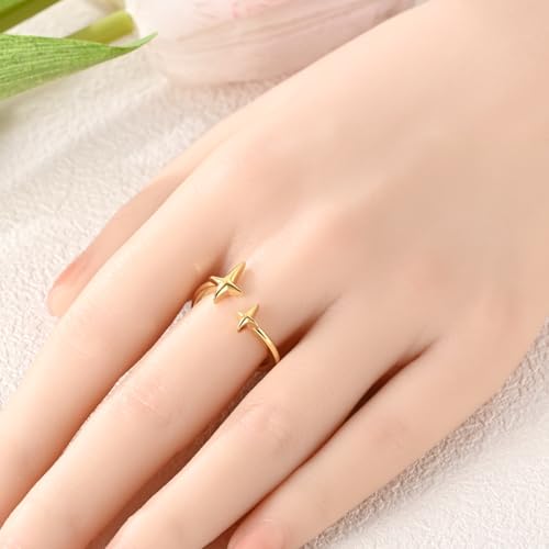 925 Sterling Silver Adjustable Rings for Women 14K Gold Plated Thumb Rings | Stackable Statement Eternity Rings Dainty Starfish Star Moon Heart Lucky Open Ring Trendy Jewelry Birthday Gifts for Ladies - color: Gold Star Charms Ring