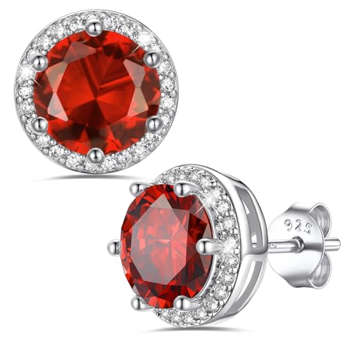 Bestyle Authentic 925 Sterling Silver 2 Carat Birthstone Earrings for Women, More Sparkle Heart/Round Solitaire Diamond Studs Earrings, Great Birthday/Christmas/Anniversary Jewelry for Wife Mother - color: 07. July Ruby-Round