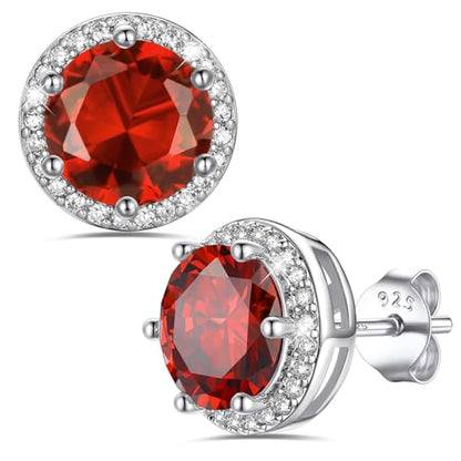 Bestyle Authentic 925 Sterling Silver 2 Carat Birthstone Earrings for Women, More Sparkle Heart/Round Solitaire Diamond Studs Earrings, Great Birthday/Christmas/Anniversary Jewelry for Wife Mother - color: 07. July Ruby-Round