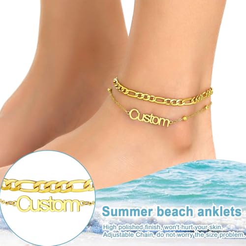 U7 Custom Layered Ankle Bracelets for Women Stainless Steel Bead/Cuban/Figaro/Rope/Wheat Chain Anklet Waterproof Anklet Jewelry for Beach Vacation - color: a-Gold Plated-Figaro Chain