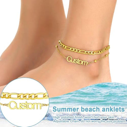 U7 Custom Layered Ankle Bracelets for Women Stainless Steel Bead/Cuban/Figaro/Rope/Wheat Chain Anklet Waterproof Anklet Jewelry for Beach Vacation - color: a-Gold Plated-Figaro Chain