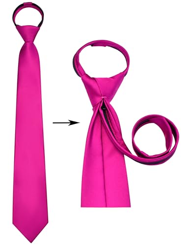 Branduce 3.15"（8cm） Mens Solid Satin Tie Pre-tied Adjustable Zipper Necktie for Business and Wedding - color: Hot Pink