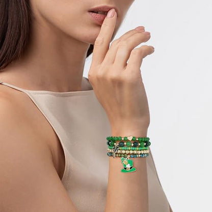 Summer Surfer Heishi Bracelet Set for Women Stackable Gold Plated Clay Ploymer Bead Stretch Pink Beach Layering Bracelets Jewelry - color: Style A-Green Bracelets 2