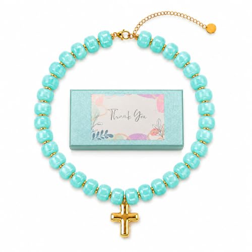 Colorful Resin Chunky Beaded Necklace for Women Modern Statement Choker Necklace with Gold Tone Cross Pendant Boho Summer Jewelry Gift - color: Turquoise Color-1