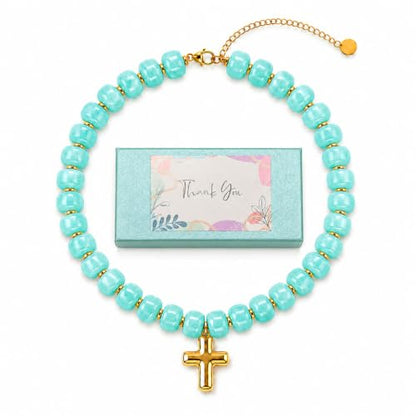 Colorful Resin Chunky Beaded Necklace for Women Modern Statement Choker Necklace with Gold Tone Cross Pendant Boho Summer Jewelry Gift - color: Turquoise Color-1