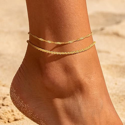 Ritach Gold/Silver Ankle Bracelets for Women 14K Gold Anklets for Women Waterproof Cuban Link Heart Bead Anklets Set Layered Anklet Bracelets for Women Gold Jewelry Gift - color: gold chain