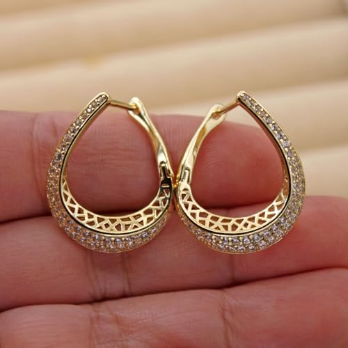 18K Gold Plated Flower Dangle Earrings for Women, Hypoallergenic Cubic Zirconia Earrings, Elegant CZ Drop Earrings, Statement Jewelry Gifts Party Fashion - style: OBS7520-HollowTeardrop