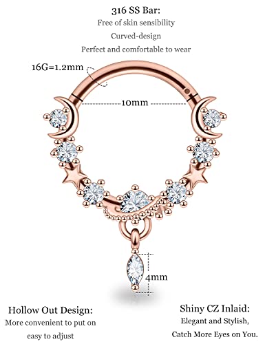 16G Dangle Elegant Septum Rings Hoop 10mm Surgical Steel Hinged Segment Septum Nose Ring Seamless Clicker Ring Cartilage Earrings Hoop Helix Tragus Piercing Jewerly - color: 16G-Dia:10mm-Rose Gold Tone