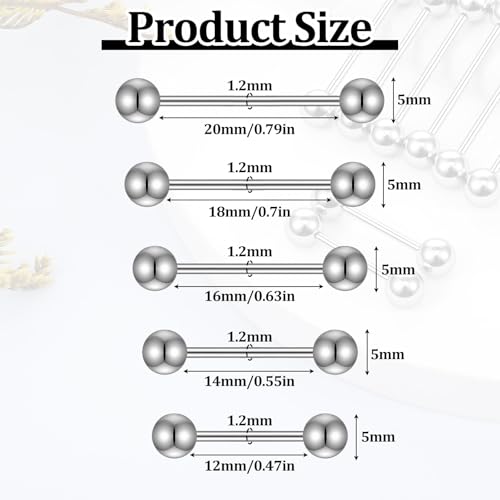 Hecila 10PCS Metal Tongue Rings Nipple Piercing Jewelry Externally Threaded Stainless Steel Straight Barbells Piercing Short Long Bar Silver Bridge Piercings for Women Men 12mm 14mm 16mm 18mm 20mm