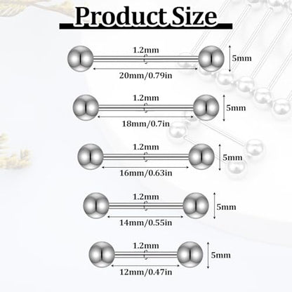 Hecila 10PCS Metal Tongue Rings Nipple Piercing Jewelry Externally Threaded Stainless Steel Straight Barbells Piercing Short Long Bar Silver Bridge Piercings for Women Men 12mm 14mm 16mm 18mm 20mm
