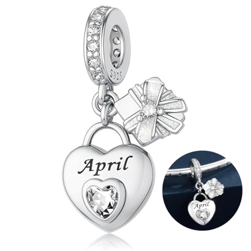 Love Heart Birthstone Dangle Charms Compatible with Pandora Bracelets | 925 Sterling Silver 5A Cubic Zirconia Mother's Day Christmas Birthday Birthstone Gifts Bead Charm Pendants Women Jewelry - color: April Dangle Birthstone Charms