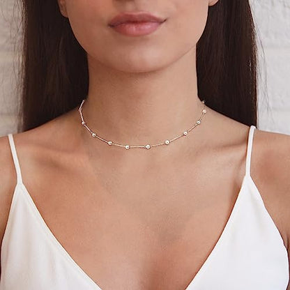 Pearl Necklaces for Women,14K Real Gold Plated Dainty Cute Pearl Necklace for Women Handmade Pearl Chain Necklace Everyday Jewelry Gift - color: Choker Style-35CM-Silver