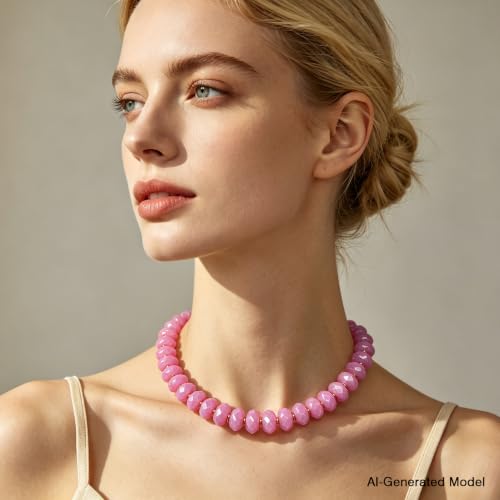 Colorful Chunky Acrylic Beaded Choker Necklaces for Women | Multicolor Faceted Beads, Sturdy Metal Chain, Adjustable Detachable, Lightweight, Summer Boho, Sparkly Statement Jewelry Gift - color: Pink
