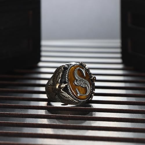 925 Sterling Silver Personalized Ring for Men, Tiger's Eye Stone Men's Ring, Eagle Design Silver Men Ring, Customizable Letter Ring, Silver Initial Men Ring, Monogram Silver Ring