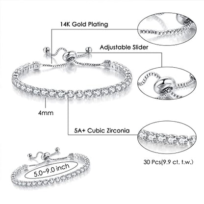2 Pcs Tennis Bracelets for Women 14K Gold Plated AAA+ Cubic Zirconia CZ Diamond Classic Adjustable Slider Bracelet Fashion Jewelry Wedding Gift Size 6.5-7.5 Inch - color: Silver, size: 6.5 Inches
