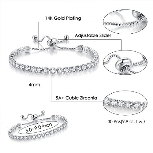 2 Pcs Tennis Bracelets for Women 14K Gold Plated AAA+ Cubic Zirconia CZ Diamond Classic Adjustable Slider Bracelet Fashion Jewelry Wedding Gift Size 6.5-7.5 Inch - color: Silver, size: 7.5 Inches