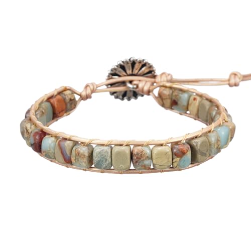 Plumiss Women Boho Handmade Natural Stone Crystal Leather Bead Wrap Bracelets Collection - style: Agalmatolite 1W