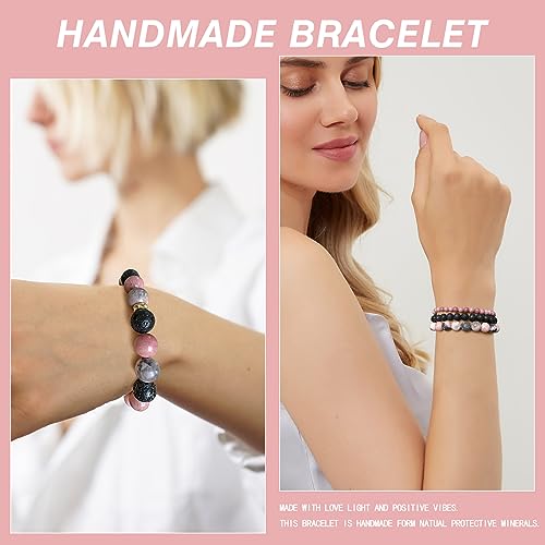 Vinswet 4pcs Beaded Bracelets for Women,Natural Healing Crystal Gemstones Bracelet,Anxiety Stress Relief Bracelet Handmade purple Jewelry Gifts for Women - color: Pink zebra&Lava Rock&Rhodochrosite