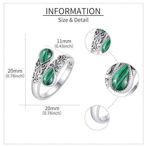 Ring for Women Sterling Silver Adjustable Band Open Rings Jewelry Gifts for Girls - style: Malachite