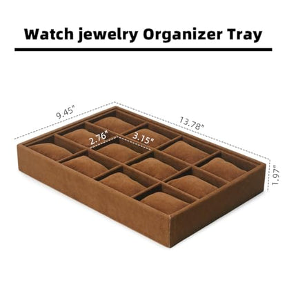 Jewelry Watch Tray, Coffee Velvet Watch Jewelry Organizer 12 Grid, Stackable Watch Bracelet Bangle Display Holder, Adjustable Pillows, for Man Woman Show Birthday - color: Coffee