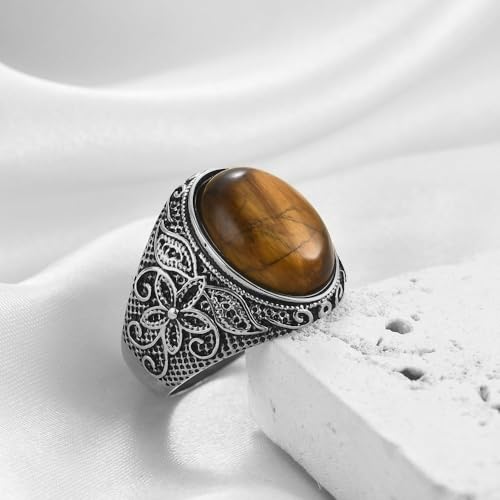 Retro Large Tiger Eye Stone Turquoise Wedding Ring For Men Classical Gothic Stainless Steel Rings - color: Silver-Coffee