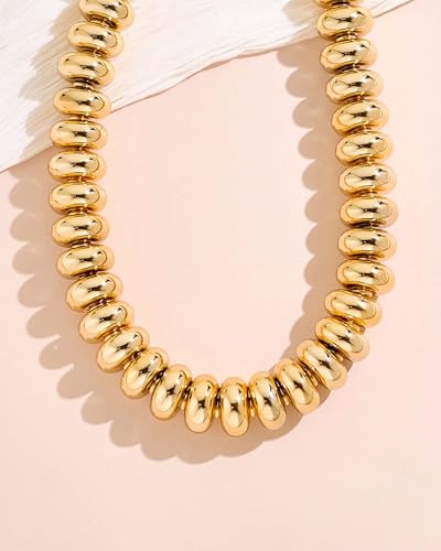 Chunky Beaded Necklace for Women Boho Statement Bead Necklace Adjustable Choker with Polished Disc/Square Beads Trendy Summer Beach Jewelry Gifts - color: Gold