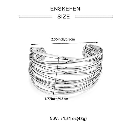 Gold Cuff Bracelet for Women Chunky Multi-layer Cross Wire Open Bracelet Hollow Wide Cuff Bracelets Adjustable Gold Open Cuff Bangle Bracelet - color: Wide Wire Silver Bracelet