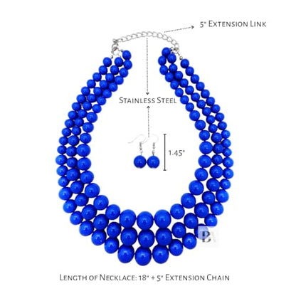 Simulated Pearl Necklace & Earring Set, Multi Strand - color: Royal Blue