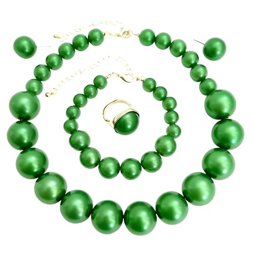 White Faux Pearl Necklace and Earrings Set Big Large Pearl Bead Ball Beaded Choker Necklace Black Pink Pearls Statement Bracelet Ring for Women - color: green
