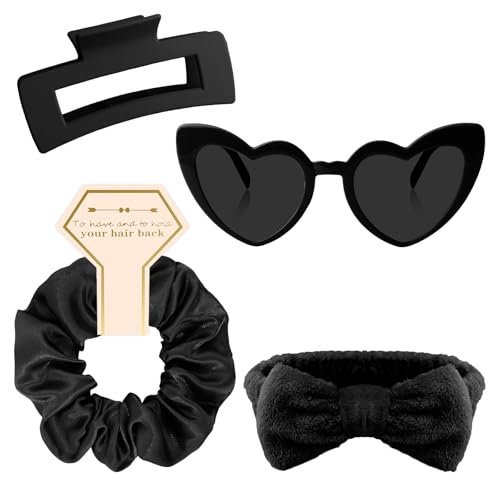 Semato 4 Pcs Black Bridesmaid Proposal Gifts Bridesmaid Spa Headband, Hair Claw Clips, Heart Shaped Sunglasses and Smooth Satin Scrunchies - color: Black