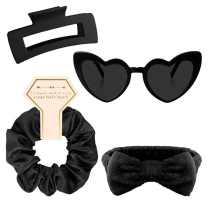 Semato 4 Pcs Black Bridesmaid Proposal Gifts Bridesmaid Spa Headband, Hair Claw Clips, Heart Shaped Sunglasses and Smooth Satin Scrunchies - color: Black