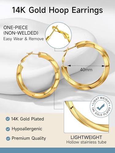 PROSTEEL Chunky Hoop Earrings for Women 14K Gold Plated/Black/Silver | 20/30/40/50/60/70/80mm Stainless Steel Thick Big Round Hoop with Waterproof and Non Tarnish Trendy Jewelry with Gift Box - color: 4. Gold, size: 40MM