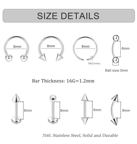 40Pcs 16G Lip Rings Stainless Steel Horseshoe Labret Monroe Lip Barbell Eyebrow Nose Ring Medusa Piercing Jewelry for Women Men - color: silver