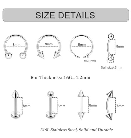 40Pcs 16G Lip Rings Stainless Steel Horseshoe Labret Monroe Lip Barbell Eyebrow Nose Ring Medusa Piercing Jewelry for Women Men - color: silver