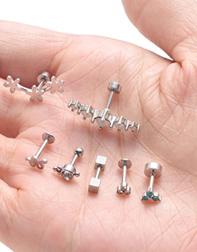 Tornito 9-30Pcs Cartilage CZ Stud Earrings Conch Forward Helix Tragus Daith Piercing Lip Rings Snake Heart Butterfly Jewelry for Women Men 16G Silver Gold Tone - color: D:Silver Tone(Butterfly)
