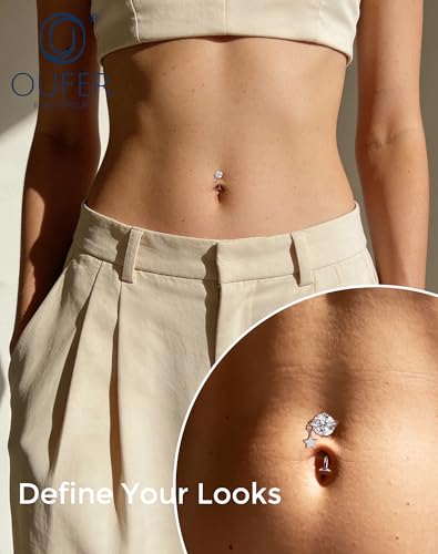 OUFER 14G Teardrop Dangle Belly Button Ring Implant Grade Titanium CZ Internally Threaded Navel Ring 10mm Bar Length Belly Piercing Jewelry Hypoallergenic Body Jewelry for Women