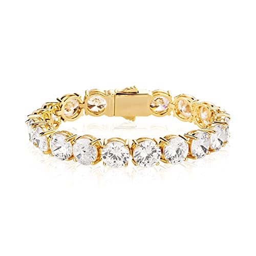 10MM Cubic Zirconia Tennis Bracelet 14K Gold Plated 5A+ Cubic Zirconia Iced Out Tennis Bracelet Spring buckle Bracelet For Men And Women - color: Gold, size: 7