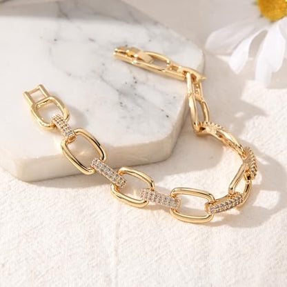 14K Gold & Silver Plated Lightweight Link Bracelet for Women | Stackable Bracelets ,14K Gold Plated Bracelets with CZ,Lightweight Trendy Chain Bracelet Jewelry Gift - style: CZ link