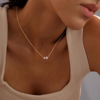 Pearl Necklaces for Women, Dainty Gold Necklace 14K Gold Plated Charm CZ Pearl Pendant Necklace Simple Gold Pearl Choker Necklaces for Women Trendy Wedding Womens Jewelry - color: two pearl necklace-gold