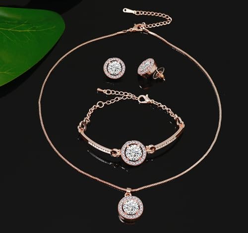 Women 4Pieces Cubic Zirconia Jewellery Set Rhinestone Necklace Earrings Bracelet Ring - color: Rose Gold